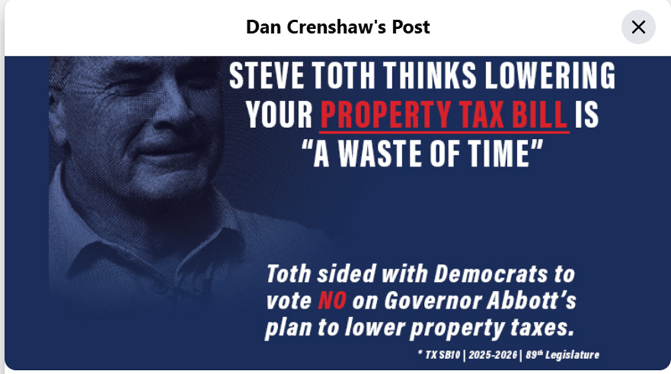 Graphic highlighting a statement by Steve Toth regarding property tax bills, with text emphasizing his opposition to lowering taxes and mentioning his vote alongside Democrats.